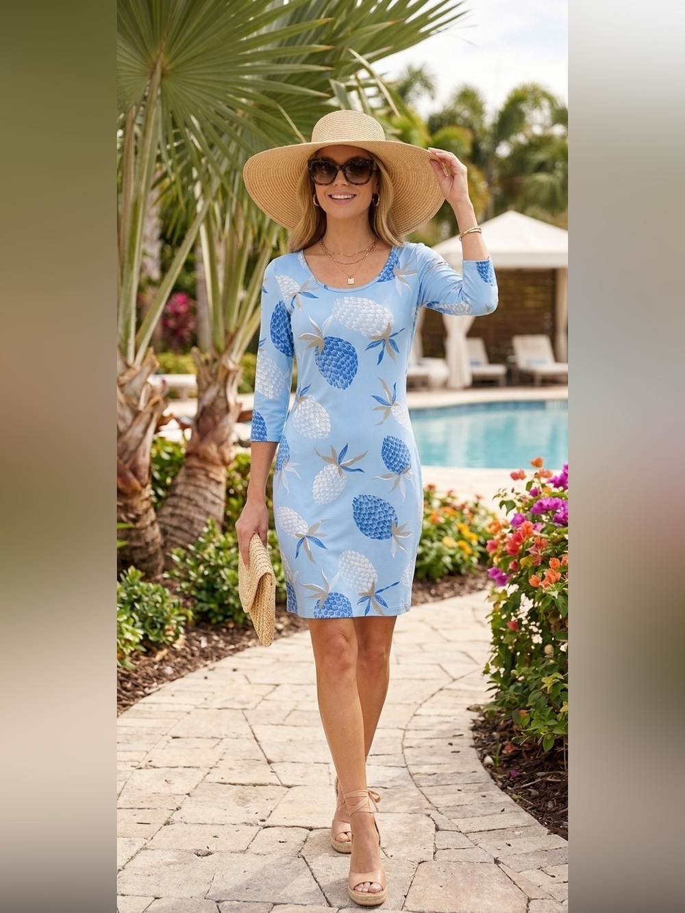 Persifor XS Blue Pineapple Print Sheath Dress 3/4 Sleeve